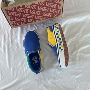 Vans Kids Blue and Yellow Checkered Slip-Ons